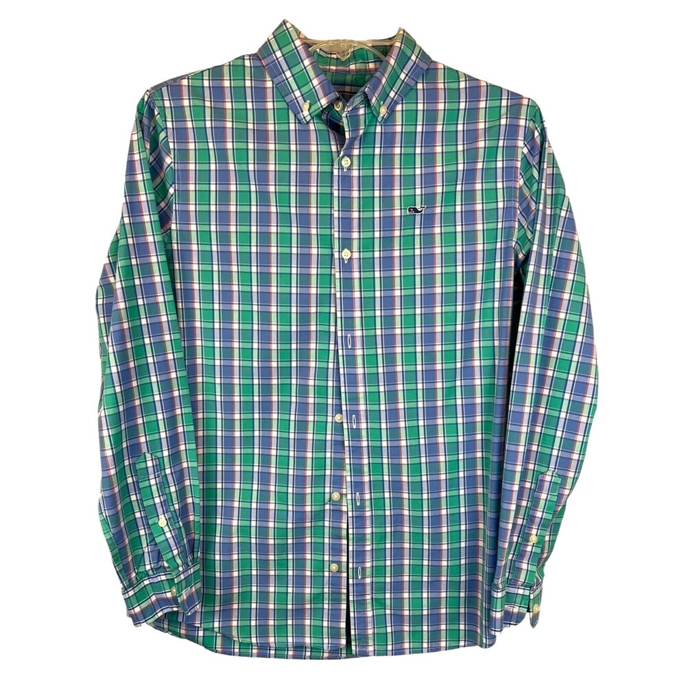 Vineyard Vines Boys Green Plaid Long Sleeve Button Shirt Size L (16) Preppy